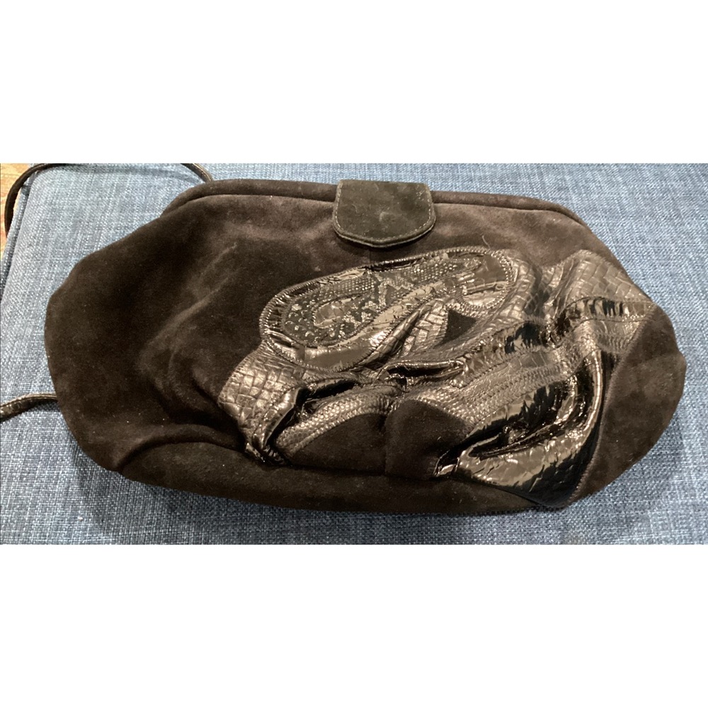 Vtg 80s Etra Black Suede Leather Evening Crossbody Purse Clutch  Bag